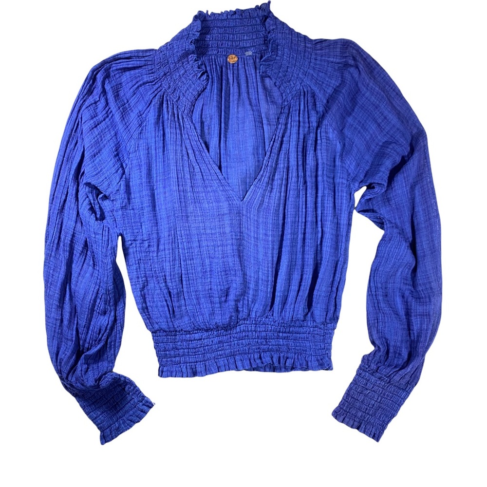 Free people- Royal Blue long sleeve gauze v neck smocked top medium